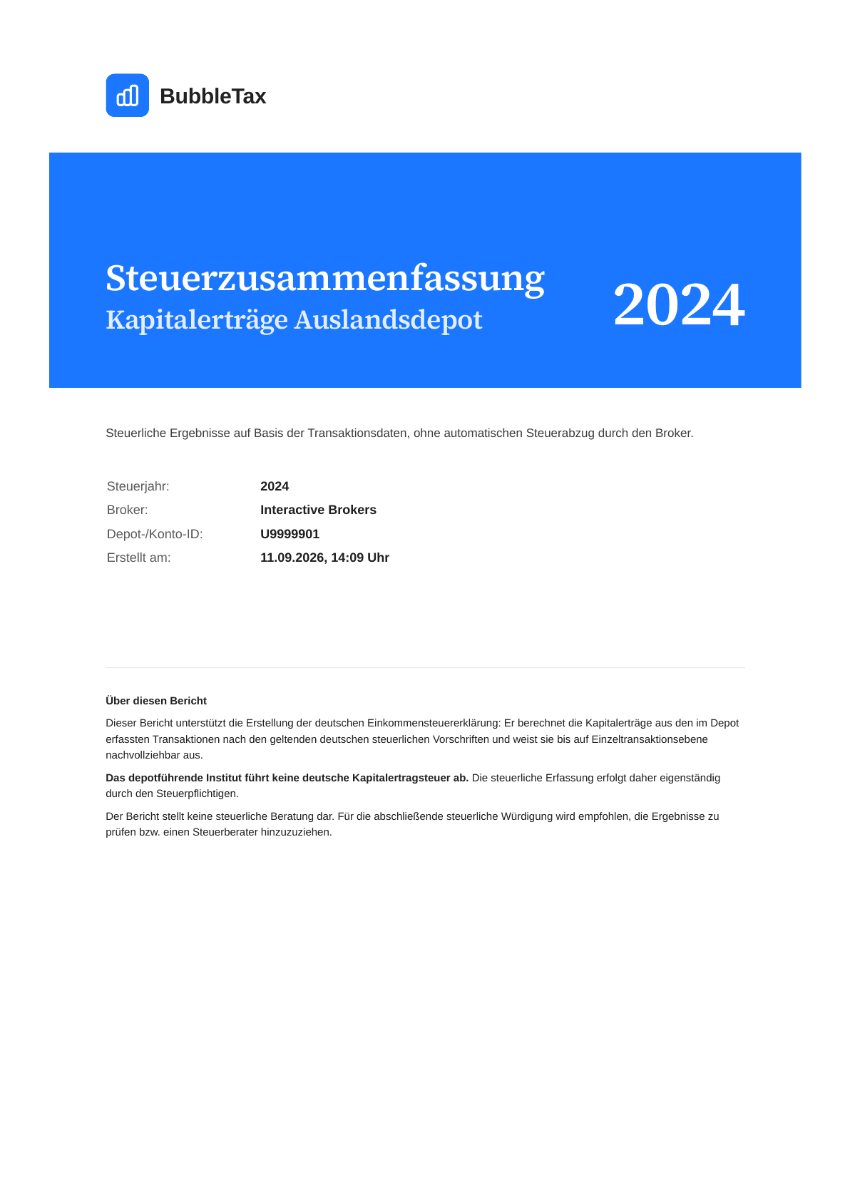 Page 1 of the summary: cover page with the BubbleTax wordmark, the title “Steuerzusammenfassung Kapitalerträge Auslandsdepot”, the tax year 2024 and the details of broker, account and creation time