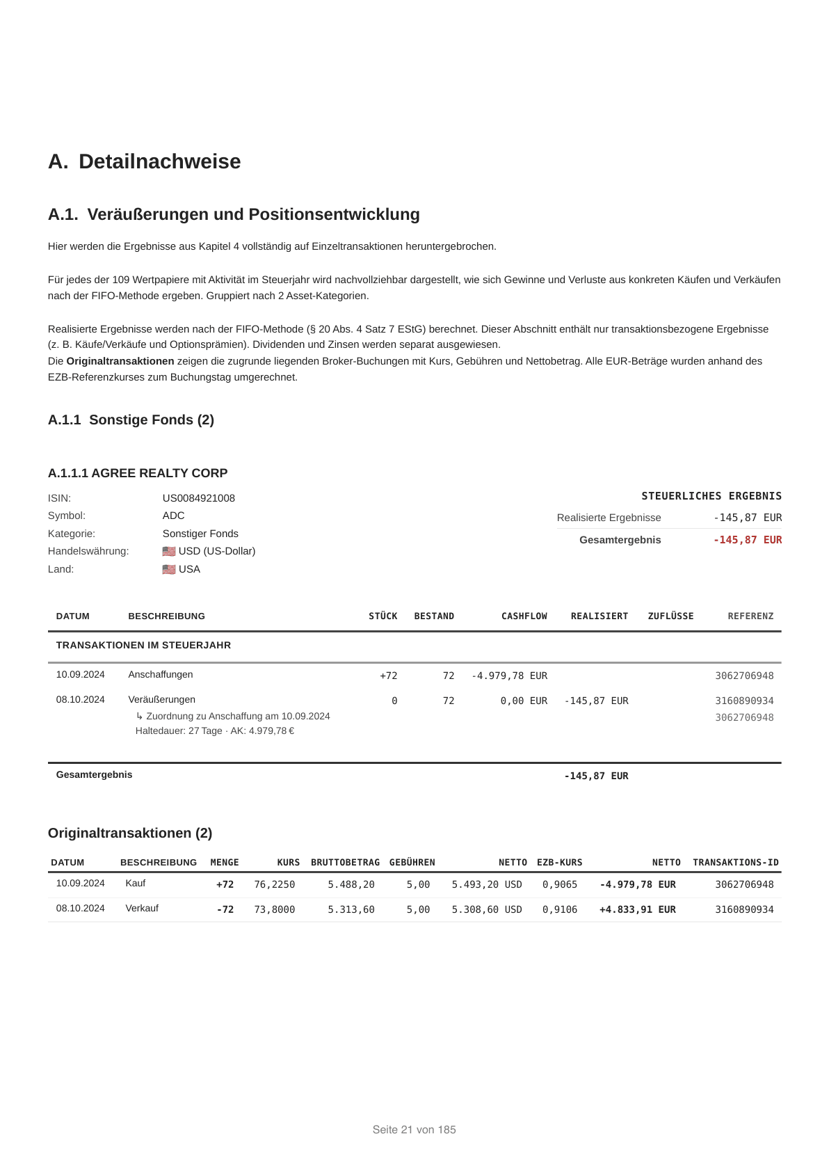 Seite 21 des Detailreports: Detailnachweis eines Fondsverkaufs mit FIFO-Zuordnung zur Anschaffung, Haltedauer, Anschaffungskosten und den Originaltransaktionen mit EZB-Kurs