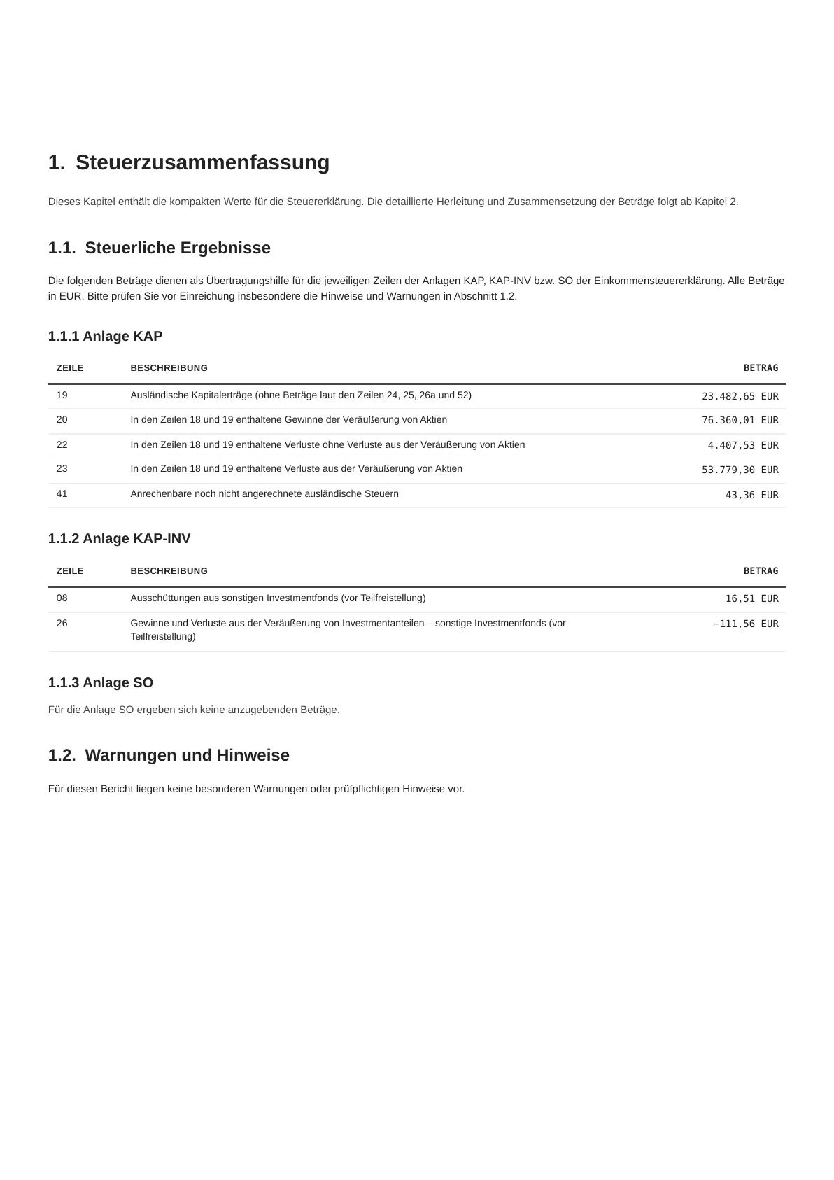 Seite 3 der Zusammenfassung: Steuerzusammenfassung mit den Beträgen für die Zeilen 19, 20, 22, 23 und 41 der Anlage KAP sowie die Zeilen 08 und 26 der Anlage KAP-INV