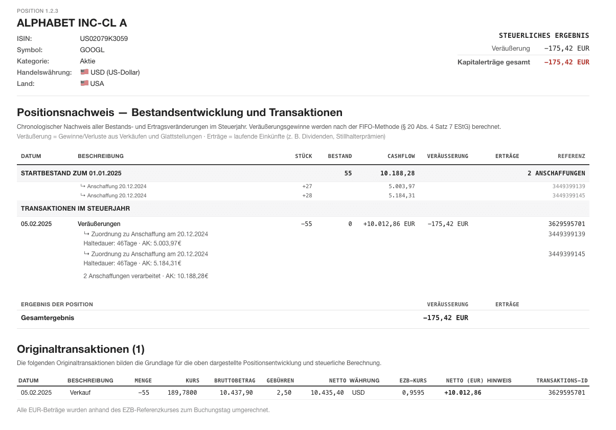 Detail-Report: Aktienverkauf Alphabet (GOOGL) mit FIFO-Zuordnung zu zwei Anschaffungen