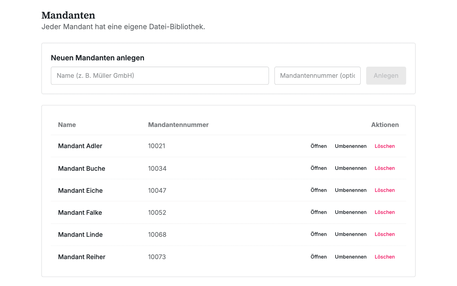 Client management in BubbleTax: list of clients with client number and the actions open, rename and delete, above it the form for adding a client, fictitious test data