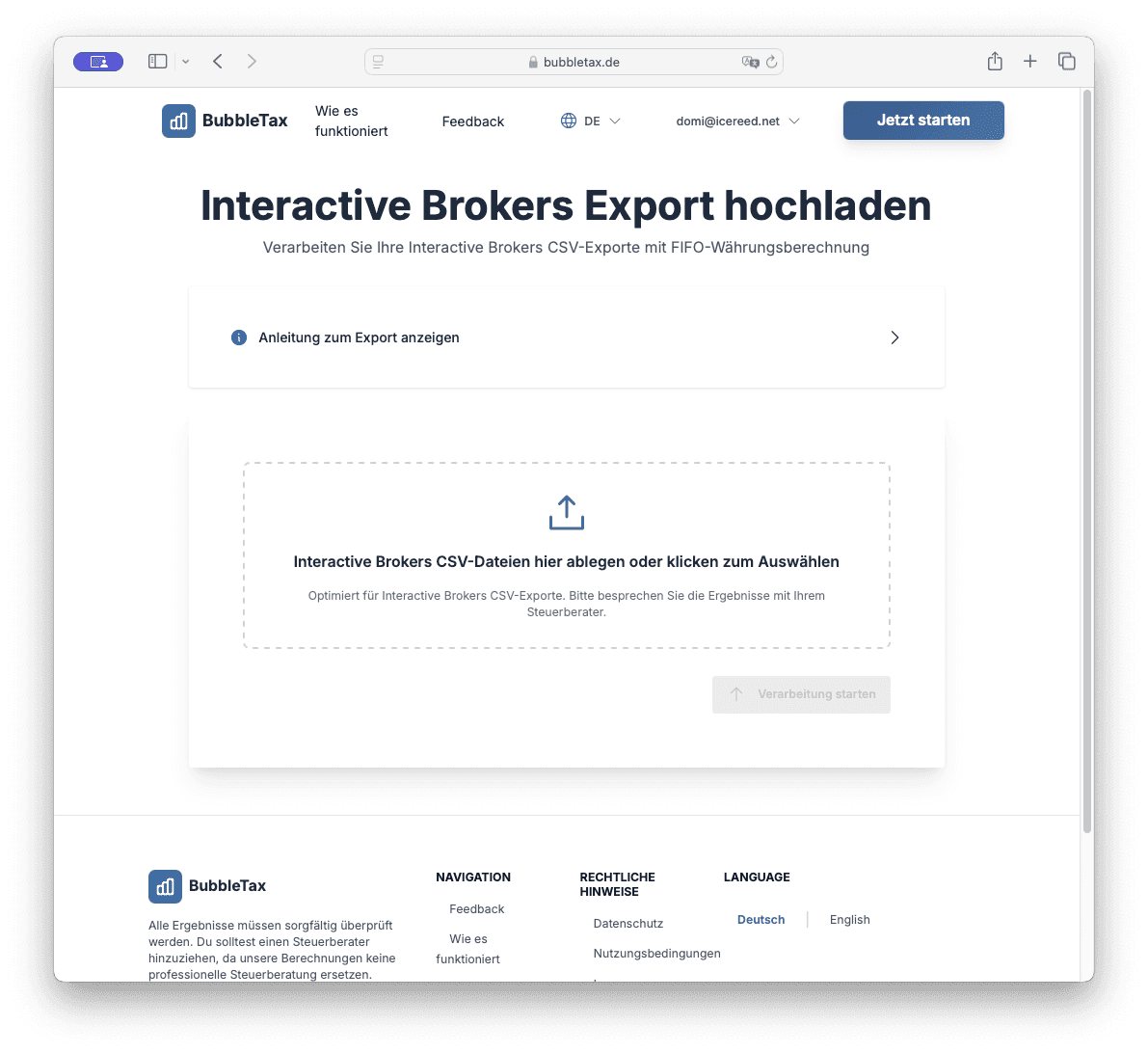Screenshot des BubbleTax Tools zur automatischen IBKR Steuerberechnung nach dem FIFO-Prinzip für die deutsche Steuererklärung