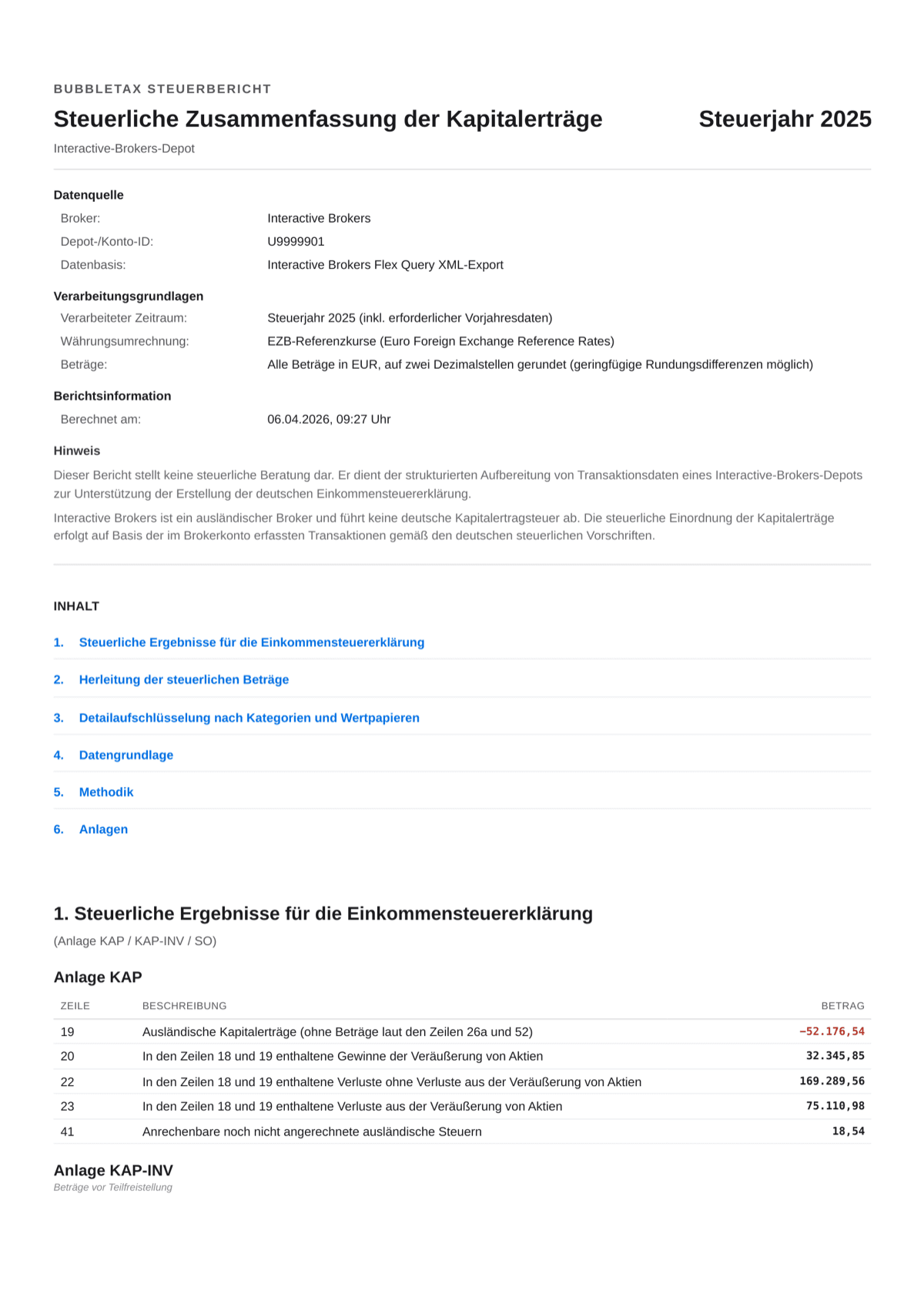 BubbleTax Steuerreport mit FIFO-Berechnung, Anlage KAP Werten und Transaktionsdetails für ein Interactive Brokers Konto